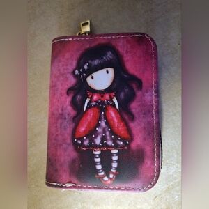 NEW Cute Doll Print Zip Wallet in Deep Magenta and Black- Leather.